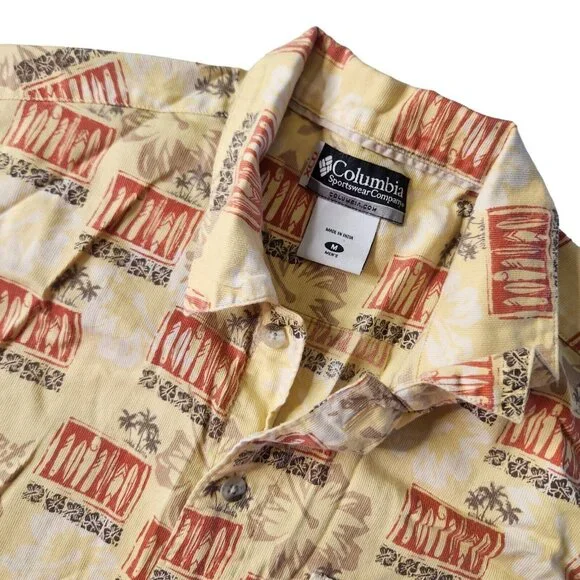 Columbia Mens Hawaiian Shirt Yellow Surf Boards Hibiscus Floral Print Size M - Picture 5 of 6